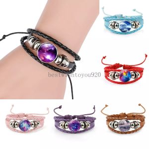 Nowe bransoletki wszechświata kosmicznego mgławicy dla kobiet mężczyzn Galaxy Starry Sky Glass Charm Pletającego skórzana linowa linowa biżuteria Bransher Modna biżuteria