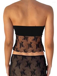 Kobiety z czołgów damskich koronkowe wykończenie Ruche Bandeau Crop Tubs Tops Mesh Sheer Floral Cestena Front Strape Summer Y2K Camisole