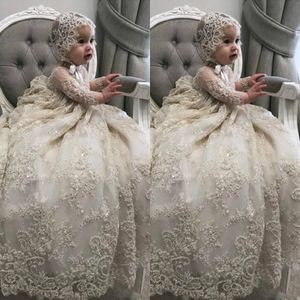 White Ivory Christening Gown for Little Kids O Neck Long Sleeve Lace Pearls First Communion Dress Toddler Infant Baptism Gowns 206h