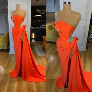 Orange Evening Dress Long Formal 2022 One Shoulder Beaded with High Slit Arabic Dubai Women Prom Dresses Evening Gowns C0316 292A