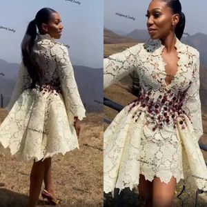 Little White Dress African Mermaid Country Short Wedding Dresses with Overskirt Vintage Crochet Lace Long sleeve Bride Gowns 270p