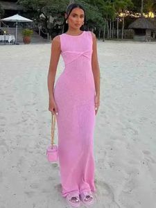 Two Piece Dress Tossy Summer Beach Knit Maxi For Women Cover-Up Pink Sleeveless Twist Sundress Knitwear See-through Bodycon New Q240511