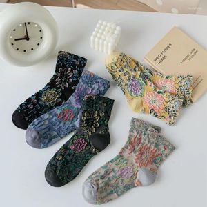 Women Socks Autumn Winter Fashion Floral Embossment Kawaii Korean Style Harajuku Vintage Streetwear Cotton Long