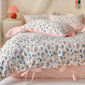 Постельные принадлежности наборы Bowknot Spring Cotton Set Twin King Size Ribbon Lebbon Lensing Girl Print Summer Lummerclothes American American