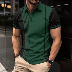 Summer Men koszulka Polo Prosta Lapel Zip Splating Stripe Drukowane koszule krótkie rękawowe mody masy męskie Tops 240513