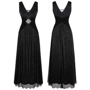 Angel-Fashions Women's V Neck Pleated Beading aftonklänning Långt en linje Formell festklänning Black 486 2073