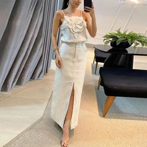 Work Dresses Cotton Linen 3D Flower Skirt Sets Women Off Shoulder Backless Sling Top High Waist Split 2024 Summer Casual Lady Outfits