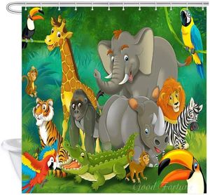 Shower Curtains Wild Animal For Kids Cartoon Elephants And Giraffes Family In Forest Polyester Zoo Bathroom Accessories