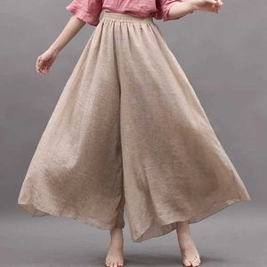 Women's Pants Capris WomenS Wide Leg Pants Cotton Linen Summer Pant Skirts Ladies Elastic High Waist Women Full Length Pant Chinese Trousers 12974 Y240509