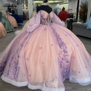 Новый стиль из бисера-кристаллов аппликации пухлые шариковые платья Quinceanera платья с длиной до плеч с полными рукавами вечерние платья.