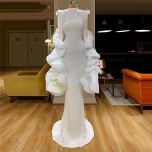Mermaid High Neck White Evening Dresses Long Sleeve Couture Dubai Prom Dress Vestidos Aibye Islamic Pageant Gowns For Saudi Arabia 235G