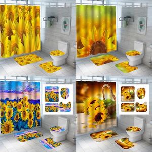 Shower Curtains Yellow Flower Sunflower Curtain Set Rural Country Floral Scenery Bathroom Non-Slip Bath Mat Rug Lid Toilet Cover