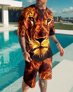 Summer Thin Mens Oneck Short Sleevesshorts Flame Lion Face 3D Tryckt mönster Fashion Leisure Loose Tshirt Set Sports Suit 240422