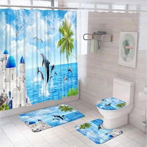 Shower Curtains Greece Building Blue Sea Scenery Curtain Set Ocean Dolphin Palm Tree Bathroom Non-Slip Bath Mat Rug Toilet Cover