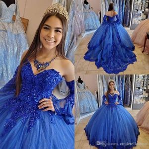 2020 Vintage Royal Blue Princesa Quinceanera Vestidos Apliques de renda com miçangas corda de corda-up