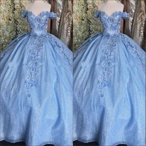2023 Bling Tiulle Bahama Blue Quinceanera Sukienki balowe z ramion 3D kwiaty kryształowe gorset z tyłu koronki ukończenia studni 224e