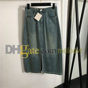 Split Denim Dress Shiny Rhinestone Jean Skirt Women Designer High Waist Denim Skirts Embroidery Letter Slim Skirt