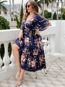 Sukienki plus size damskie DP V Szyjka szyi sukienka Sukienka Wrap Pas Blue szata Summer Casual Cocktail Prace Prace huśtawka A-line Sundress Y240510