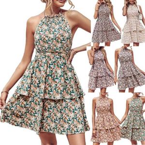 Zweiteilige Kleiderinnen Frauen Sommer Ärmel und Backless Neckholder Hals Mini Swing Boho Blumen Q240511