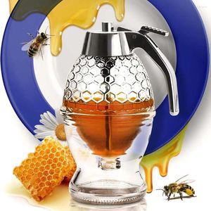 Förvaringsflaskor honung dispenser inget droppglas med stativ burk klar plastbehållare dipper 6.7 oz lönnsirap