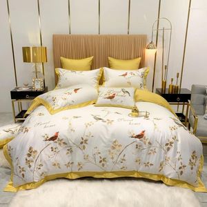 Bedding Sets American Style Pastoral Flower Bird Embroidery 600TC Egyptian Cotton Set Duvet Cover Bed Sheet Pillowcases Home Textiles