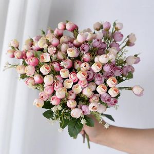 Dekoratif çiçekler yapay sahte buket simülasyonu küçük gül tomurcuk 15 başlar mini el düğün ev dekorasyon kurutulmuş