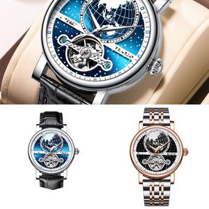 2024 New Hollow Mechanical Watch 완전 자동 정품 가죽 캐주얼 시계 방수 남성 시계