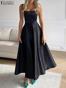 Grundläggande avslappnade klänningar Zanzea Sexig fyrkantig halsringning maxi klänning kvinnor mode satin midjeparty klänning elegant solid paraply vestido sommarklänning