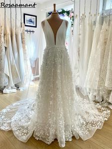 Real Image Deep V-Neck Open Back Belt A-Line Wedding Dresses Sleeveless 3D Flowers Lace Boho Country Bridal Gowns