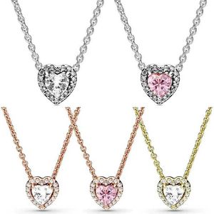 Colares pendentes autênticos 925 prata esterlina rosa atemporal e elegante colar em forma de coração com cristal rosa usado como um presente da moda para jóias diy j240513