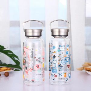 Water Bottles 1000ml Large Glass Bottle Doodle Personality Drinkware High Temperature Resistant Tumbler Cup Handle Tour Portable