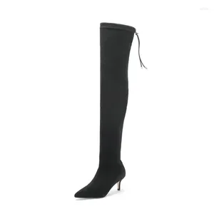 Сапоги эластичные над коленом Женщины Черные заостренные пальцы бедра высокий 6,5 см каблуки замша Большой размер 45 весна осень
