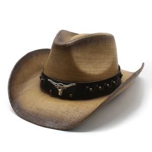 Turkosa band casual ihåliga kvinnor män unisexs retro raffia halm breda brim strand cowboy cowgirl western sun hatt (58 cm)