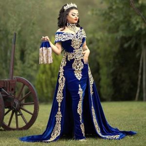 Vintage Royal Blue Formal Evening Dresses With Loptay Kjol 3 Pieces Applices Marocko Kaftan Velvet Mermaid Arabic Caftan Prom Par 285b