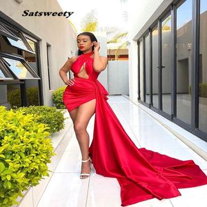 Red Evening Dress 2023 Halter Sexy Sleeveless Short Front Long Back African Women Unique Satin Formal Gowns 247R