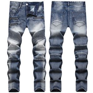 Höst- och vinter Nya män vintage lapptäcke jeans trendiga personliga smala montering små fotmotorcykelbyxor