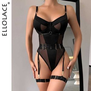 Sexy Conjunto Ellolace Bodysuit Lace Tops de malha sem costura veem através de Sissy Teddy Backless Body With Garter Baddie Round One Piece Tight Q240511