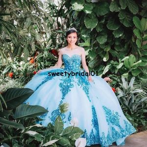 Blå paljetter glittrande quinceanera klänningskulklänning med löstagbart tåg 2022 Princess Sweet 16 Prom Party Wear 251r
