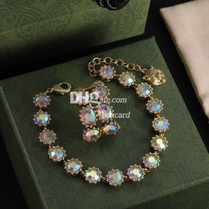 Charm Colored Crystal Bracelets Earrings Set Golden Chain Bracelet Full Diamond Earrings With Box