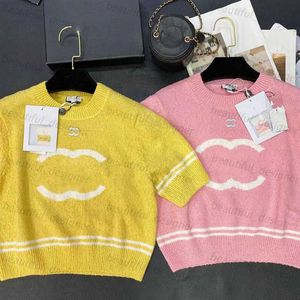 Designer Sweater feminino Summer malha Contraste Jacquard Stripe Manga curta Pullover simples malha doce Mulheres