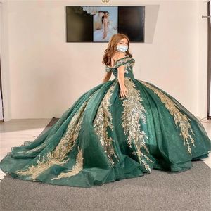 Hunter Green Sequins Quinceanera Dresses With Gold Lace Off Shoulder Beading Sweet 16 Party Dress Vestidos De 15 Anos Birthday 299B