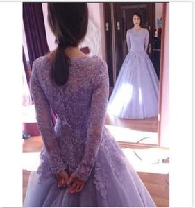 Lavender Long Sleeves Formal Evening Dresses with Applique Lace tulle Floor Length Back Zipper Arabic Long Party celebrity Gowns 29124638