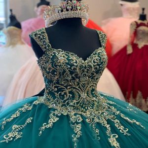 عتيقة غامقة الأخضر التطرز quinceanera فساتين البلورات حبات طويلة الدانتيل ثوب بروم برايث يوم العباءات الحزب للفتيات الحلو 16 فستان 2469