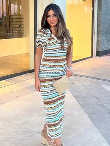 Two Piece Dress Chic Strip Short Sleeve Crochet Knitted Dresses For Women O-neck High Waist Bodycon Vestidos Female Casual Beach Vacation Robes Q240511