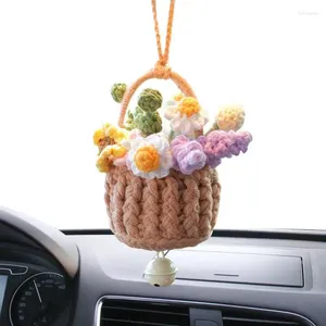 Decorative Figurines Crochet Plant Rearview Mirror Accessories Hand Woven Flower Basket Aesthetic Car Charm Decorations Handmade Rear View