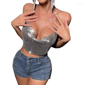 Tank da donna Rhinestones metallico Halterneck Draped Crop Top Festival Cody Chain per donne