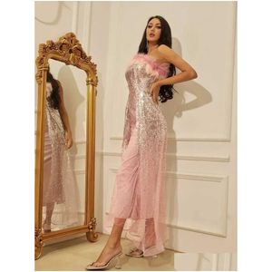 Urban Sexy Dresses Womens New Pink Feather Decoration Sling Sequin Dress Female Summer Party 2022 Fashion Drop Delivery Apparel Clothi Dh0R8