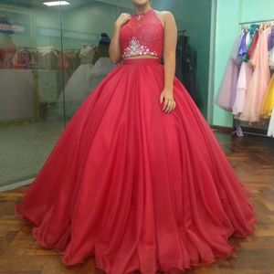 Sparkly Ball Gown Quinceanera Dress Sexy Open Back Two Piece Halter Lace up Crystal Sweet 16 Dresses Girls 15 Birthday Gowns 251J