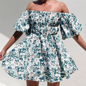 Casual Dresses Trendy Off The Shoulder Mini Dress for Women Summer One Neck Kort ärm Slim midja Tryckt rygglös semester