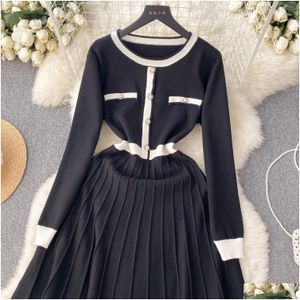 Urban Sexy Dresses Y Women Sweet Style Womens Dress Contrast Color Knitted Button Work Pleated High Waist Winter Spring 2024 Drop Deli Dh4Mu